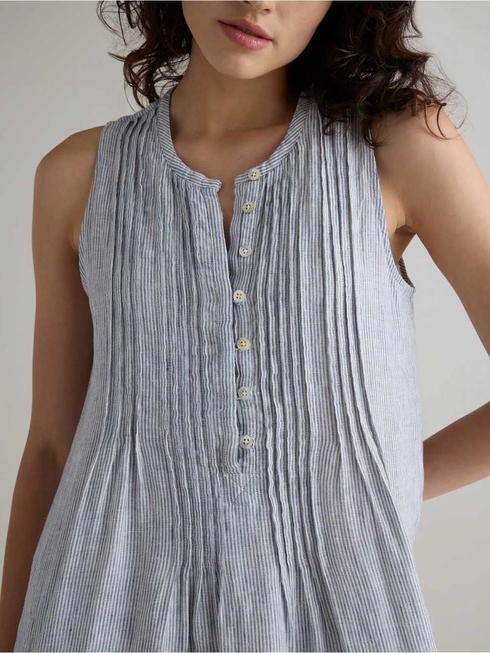 Quince European Linen Sleeveless Swing Dress blue pinstripe medium - Picture 4 of 16